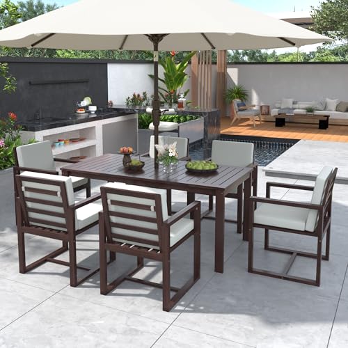 Merax Outdoor Patio Dining Table Set, 7-Piece Outdoor Dining Table Sets with Umbrella Hole Cut-Out Table and 6 Chairs with Removable Cushion, Acacia Wood Dining Sets Outdoor Furniture Set, Dark Brown