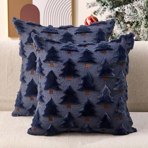 Image of Allorry Christmas Pillow Covers 18x18 inch Set of 2 Navy Blue Christmas Decorations Soft Plush Faux Fur Wool Christmas Tree Throw Pillow Cases Winter Holiday Decor for Sofa Living Room PT002H18