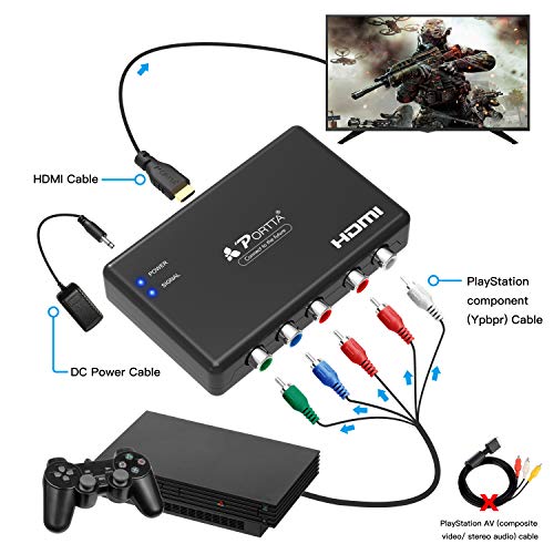 PORTTA Component to HDMI Converter with Scaler 1080p 720p, YPbPr + R/L Audio to HDMI Adapter, 5 RCA RGB to HDMI Video Converter for PS2 PS3 PSP DVD Wii Xbox 360
