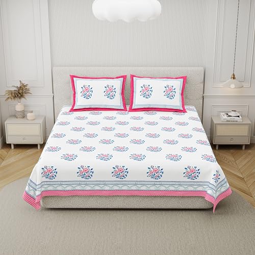 Image of DE CAMA Since 1997 | 100% Cotton 300 TC Premium King Size Bedsheet for Double Bed (90 x 108 Inch) with 2 Pillow Covers Set (17 x 27 Inch) Hand Block Printed Bedsheet Set - Pink