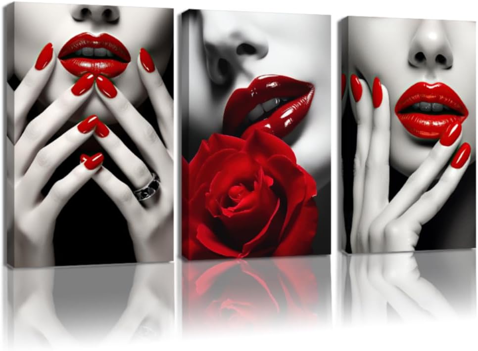 CCWORKERRY Lips Canvas Wall Art 3 PCS Woman Lip Pictures Fashion Manicure Poster Black and Red Nail Painting for Makeup Room Beauty Salon Decor (red,11W x14L x3)