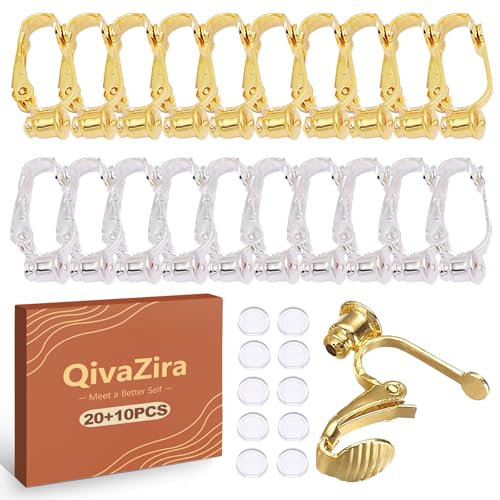 QivaZira 30 Pcs Clip on Earring Converter Set with Silicone Comfort Pads for Non Pierced Ears Easy Open Loop to Change Pierced Earrings to Clips Components for DIY Making Silver and Gold Finish