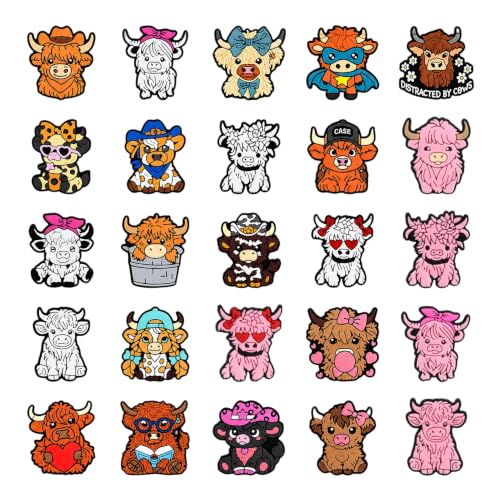 oserae 25pcs Cow Cute Animal Shoe Decoration Charms for Sandals, Shoe Charms Shoe Decoration Kawaii Charms for Gifts (Highland Cow 25pcs)