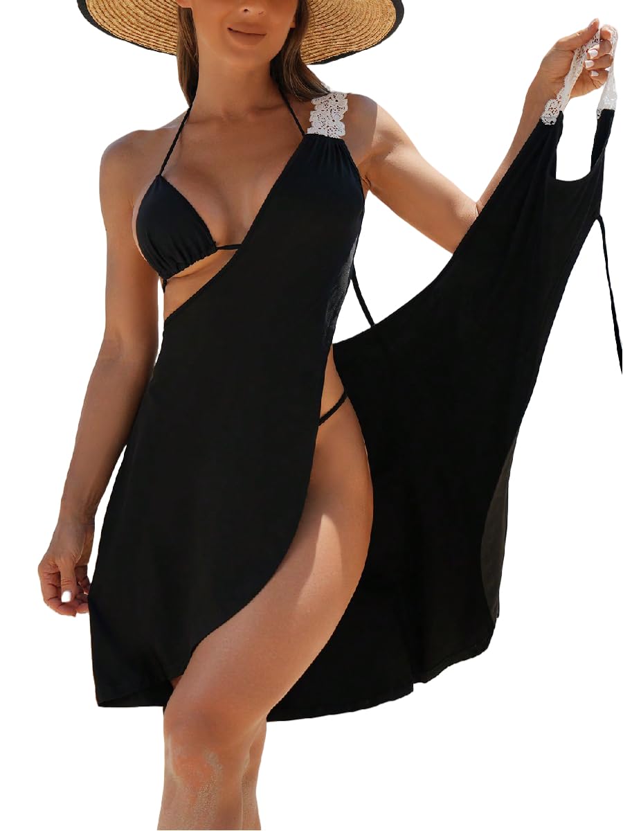 wdirara Women's Swimwear Wrap V Neck Criss Cross Tie Backless Cover Up Contrast Lace Sleeveless Halter Beach Dress-picture-16
