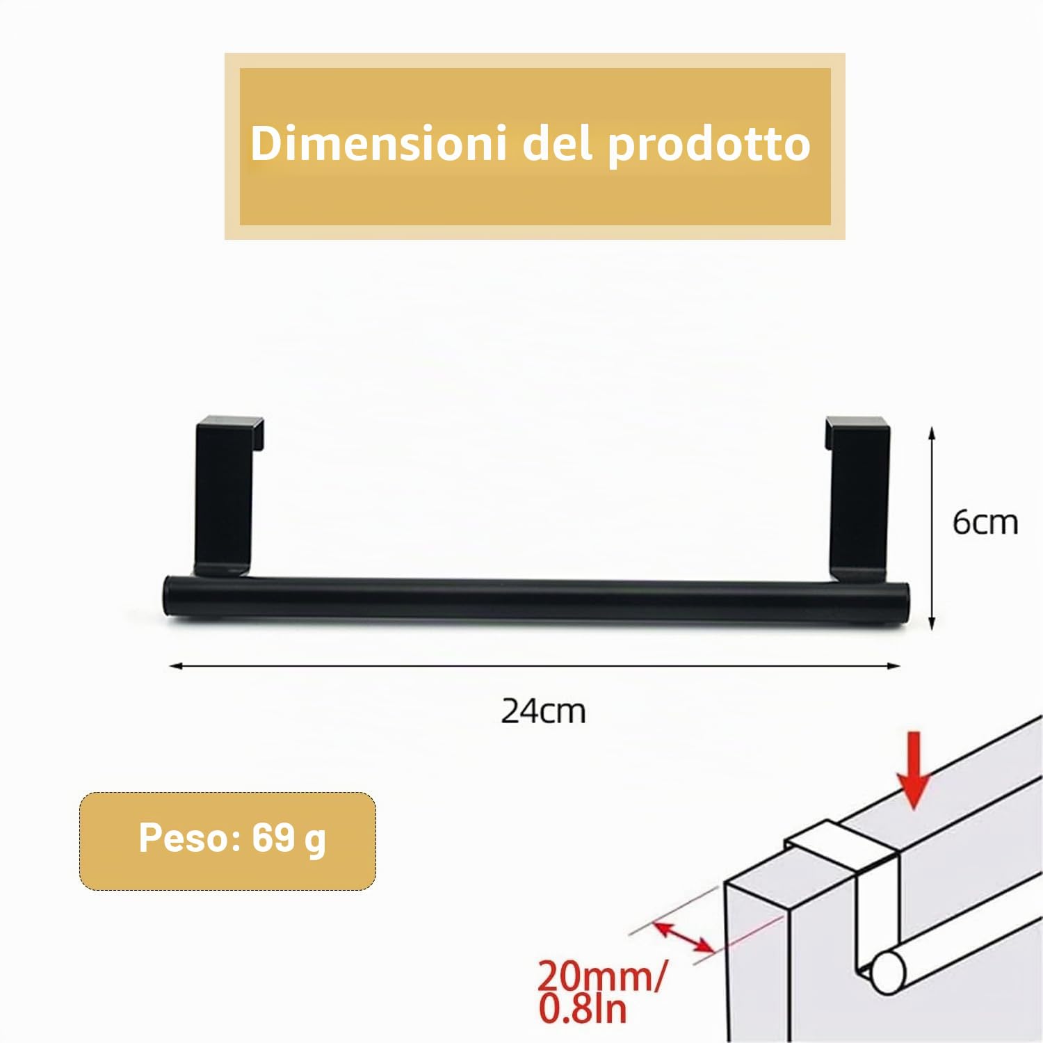 Portasciugamani da porta, in acciaio inox, porta asciugamani da cucina, da appendere, (non è necessario forare), per appendere gli asciugamani, 24 cm di lunghezza, nero.