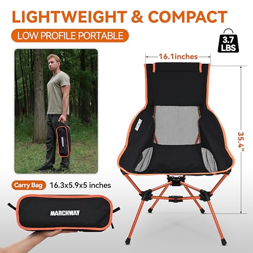 Image of MARCHWAY Lightweight Folding High Back Camping Chair with Head Support, Stable Portable Compact for Outdoor Camp, Travel, Beach, Picnic, Festival, Hiking, Backpacking (Highback Orange)