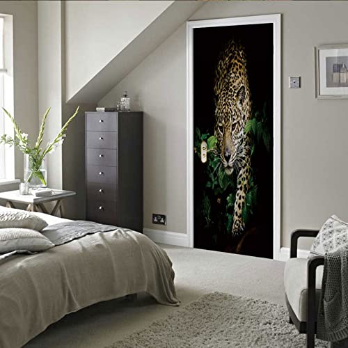 A.monamour 3D Door Stickers For Interior Doors Jaguar Walking In The Forest Animal Portrait Vinyl Removable Self Adhesive Door Poster Wallpaper Mural Decals For Bedroom Office Bathroom 95 X 215 Cm #TOP6