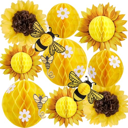 SUNBEAUTY 11Pcs Sunflower Bee Decorations Yellow Honeycomb Balls Decor Bee Honeycomb Centerpieces Paper Sunflower with Daisy Stickers for Spring Themed Birthday Party Baby Shower Classroom for Wall