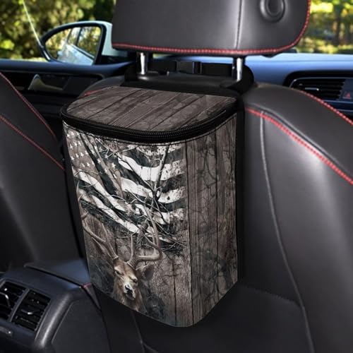 Image of Talayituse Deer American Flag Print Car Trash Can with Adjustable Straps, Foldable Car Trash Bag Bin Car Garbage Bag Multipurpose Storage Box for Vehicle Travel Camping Picnicing