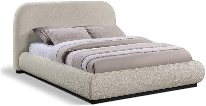 Pemberly Row King Bed, Soft Beige Fabric, Black Finish Solid Wood Base, 90" W x 93" D x 44.5" H, Contemporary Design, Boxspring Not Required, Elegant Bedroom Furniture