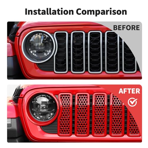 Image of JWWY Headlight Front Grille Mesh Inserts Grille Embellishment Headlamp Grille Accent Kit Trim Fit for 2024 Jeep Wrangler JL JLU & Gladiator JT 4XE Exterior Accessories ABS 9pcs Red (Without Camera)