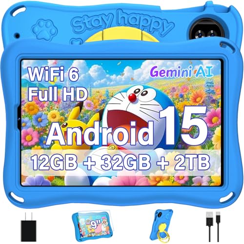 Image of Kids Tablet, Android 15 Tablets for Kids with Octa-Core, 9 inch Toddler Tablet with 12GB 32GB 2TB Expand, 1340*800 IPS Display, Drop-proof EVA Case, Parental Control, Dual Camera, WiFi 6 - Blue