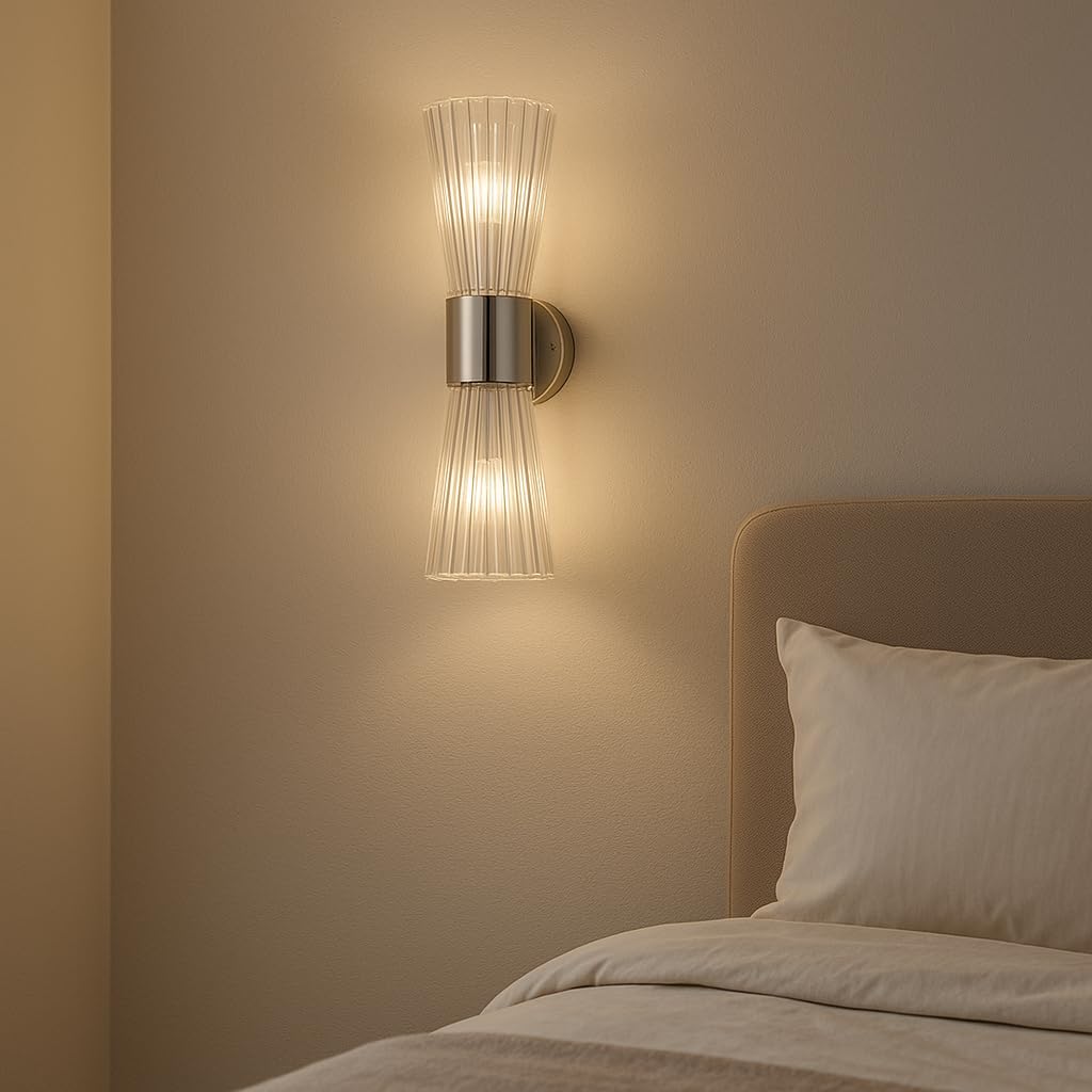 Aplique de Pared de Cristal 2 Luces E14 Doble Extremo Vidrio Acanalado Diseño Reloj de Arena Lámpara de Pared Moderna Acabado Plateado para Dormitorio Salón Pasillo Escalera Hotel (Plateado)