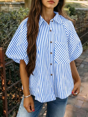 Image of Tankaneo Womens Short Puff Sleeve Button Down Shirts Striped Trendy Casual Loose Fit Blouse V Neck Collared Tops