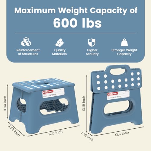 Image of HBTower Folding Step Stool 9 Inch - Holds 600 lb, Non-Slip Surface & Carry Handle - Sturdy Step Stool for Kids, Toddlers & Adults - Compact Foldable Foot Stool for Kitchen, Bathroom, Bedroom(Blue)