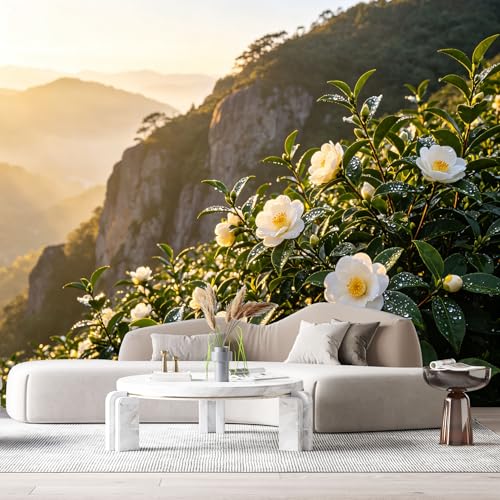 Custom Size Wall Murals Botanical Mountain Landscape Dewy White Camellia