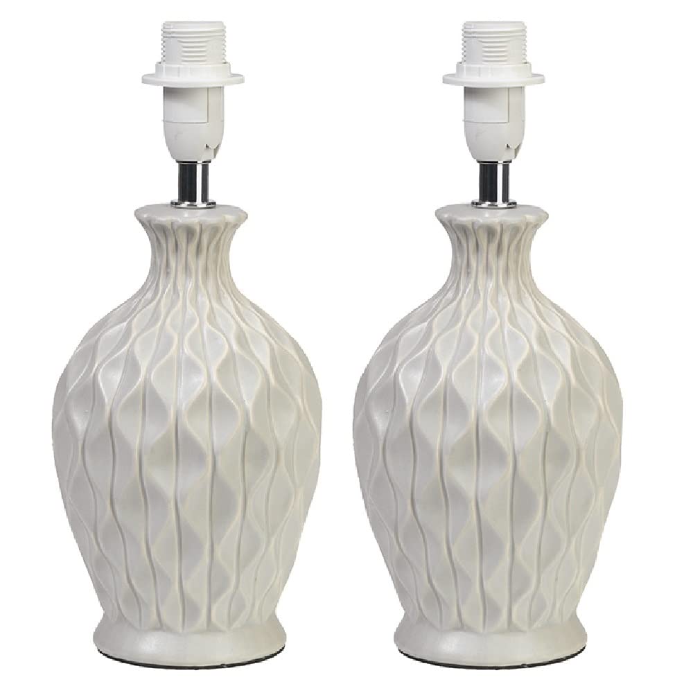 2 Pack - Soft Grey Vintage Ceramic Table Desk Lamp Base | 28cm Height | 1 x SES E14 Lamp Bulb Required | in-Line Switch | UK Approved | Honeycomb Urn Design