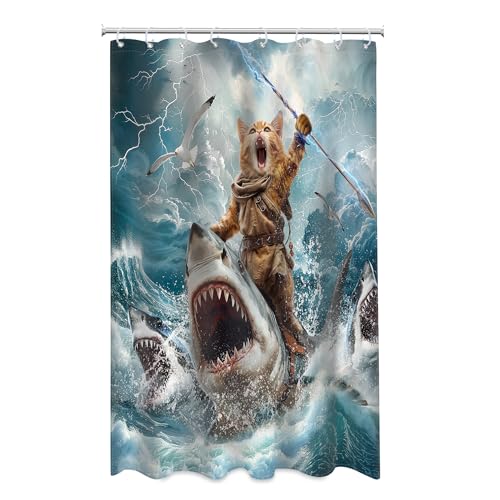 Image of Funny Cat Riding Shark Shower Curtain Ocean Surfing 48Wx72H Inch Decor | Kids Cool Hilarious Beach Sea Waves Lightning Blue Sky Waterproof Polyester Fabric Bathroom 12 Hooks