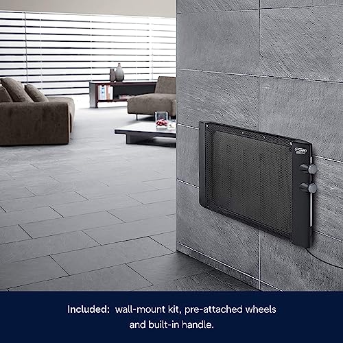 DeLonghi Mica Panel Space Heater, 1500W quiet electric space heater for indoor use, adjustable thermostat, freestanding/ easy wall mount, full room heating with built-in safety features, HMP1500 Black