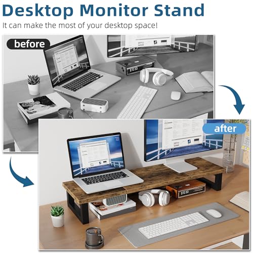 Soporte Monitor Escritorio 91x26cm Elevador Doble Madera rústica 5