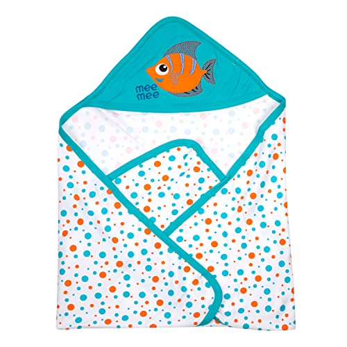 Image of Mee Mee 100% Soft Cotton Hooded Baby Wrapper Cum Warmer, Blanket with Hood for New Born Baby 0 to 6 Months (Blue)