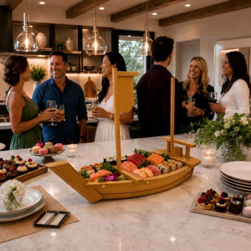 Image of Wooden Sushi Boat Serving Tray Plate, 20In Large Charcuterie Boards | Nature Bamboo Handmade, Japanese Sushi Plate, Restaurant or Home Party Display Platter