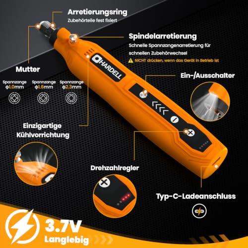 HARDELL Mini Akku Rotationswerkzeug mit LED, 5 Geschwindigkeiten (5000-18000 U/min), 3,7V Multifunktionswerkzeug Set mit 69 Zubehör… – Ansicht 3