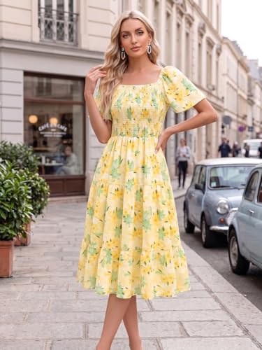 Image of Bbonlinedress Womens Casual Floral Summer Smocked Beach Party Boho Midi Square Neck Dress