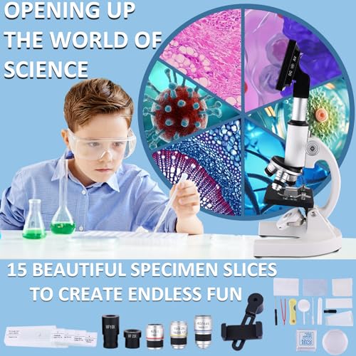 Image of Herwicm Microscope 40X-2500X Magnification, HD Wide Angle Eyepieces, 4-inch High-Pixel Display with LED Fill Light 3, Cell Phone Observable, for Home School Labs (White)