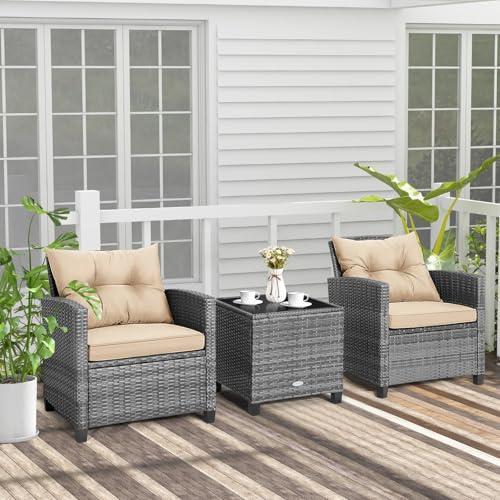 Image of Tangkula 3 Pieces Wicker Patio Furniture Set, Outdoor Rattan Conversation Cushioned Chair Set with Tempered Glass Side Table, for Porch, Balcony and Garden