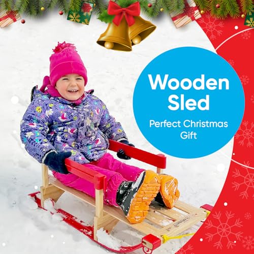 Image of Superio Children Wooden Sled, Snow Sled for Toddlers, Kids Sleigh with Pull Ropes and Cushion, Baby Sled