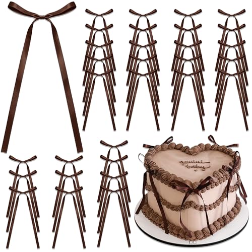 MEORLUSY 30PCS Brown Bow Cake Toppers Satin Ribbon Bow for Craft Gift Brown Bowknot Decorating Supplies for Wedding Bridal Shower Birthday Party Baby Shower Theme Party Decor