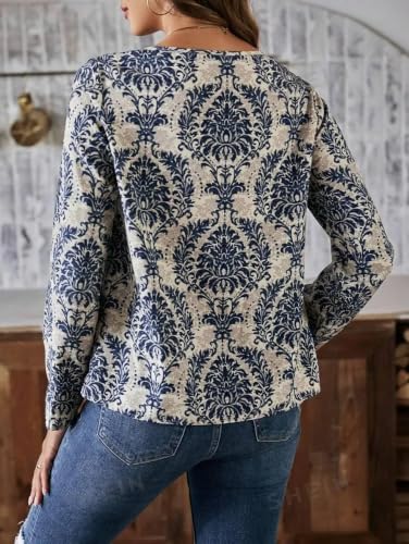 Image of Nityanta Fab Women's Printed Western Top | Full Sleeve Keyhole Neck Casual Top | Regular Fit Office Wear Top for Women | Stylish Blouse | Navy Blue