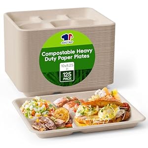 JOLLY CHEF Compostable 5 Compartment Paper Plates 10 * 8 inch [125 Pack] Heavy Duty Divided Disposable Plates Eco-Friendly Biodegradable Plate Food Trays for Party Dinner Lunch Buffet(Brown)