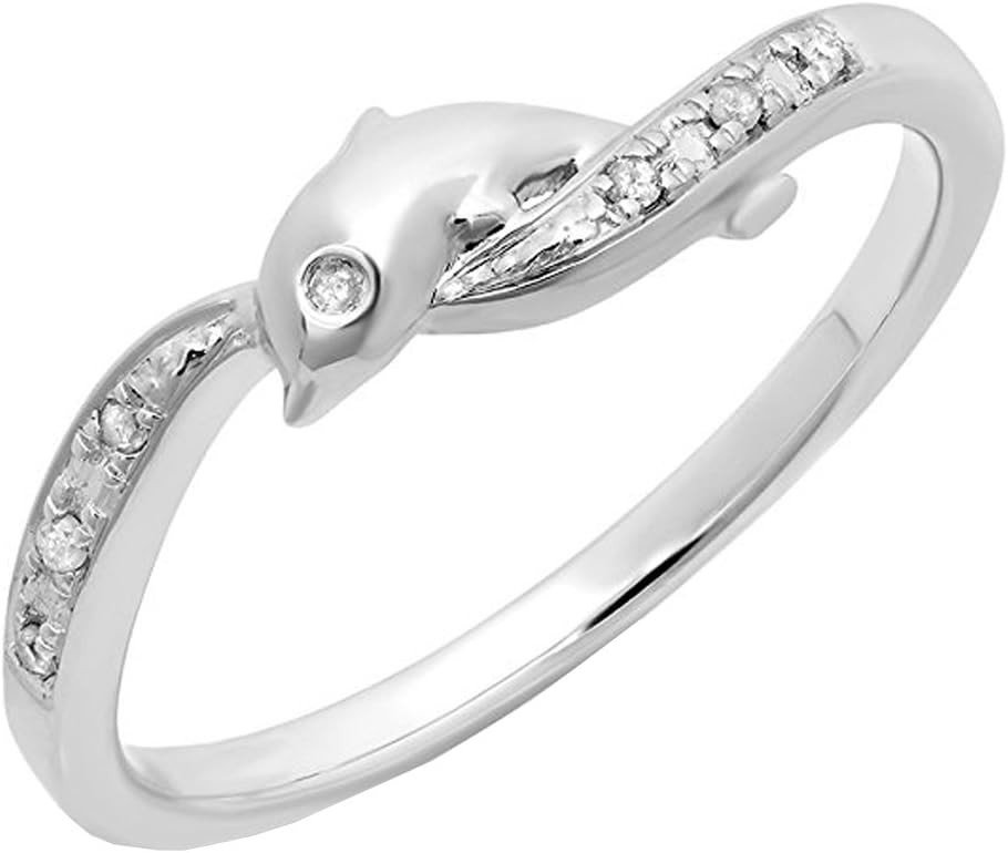 Dazzlingrock Collection 0.05 Ctw 14K Real Solid Gold Round Cut Natural Diamond Women Right Hand Dolphin Ring