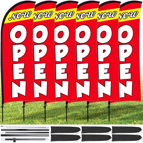 Buryeah 6 Sets Now Open Feather Flag Pole Kit for Business Advertising 7 x 5.4 ft Open Flag Banner Sign with Pole Kit Ground Stake and Portable Bag for Outside Ground(Red)