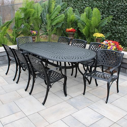 Image of Oakland Living 1025-1016(8)-LBK Modern Outdoor Mesh Lattice Aluminum 95-in Large Black Oval Patio Eight Arm Chairs Dining Set