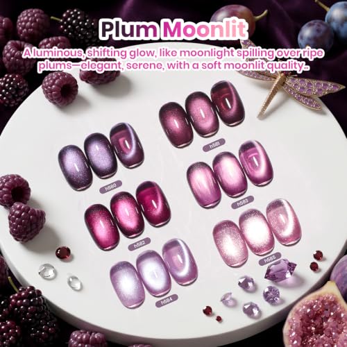 Image of Beetles Purple Cat Eye Gel Nail Polish Set, Plum Moonlit 6 Colors Glitter | Fall Gel Polish Kit Magnetic 3D Shimmer Effect Soak Off UV DIY Salon Nail Art Manicure Gift for Women
