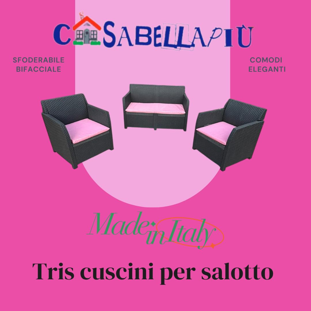 CASABELLAPIU Tris Cuscini Da Esterno, Cuscini Sfoderabili e Lavabili, Misure poltrone 52x50x4,5cm, Misura divano 110x52x4,5 cm. 100% Made in Italy (Rosa)