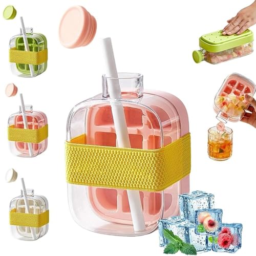 Vaso para Hacer Hielo con Popote, 2 en 1 Sin Contacto Bandeja para Cubitos de Hielo Botella de Agua, Creatividad Portátil Botella para Cubitos de Hielo, para Café Jugo Bebidas(Pink,500ml)