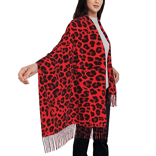 CHJDOFong Roter Schal mit Leopardenmuster und Quaste, weicher, modischer und warmer Schal für Damen
