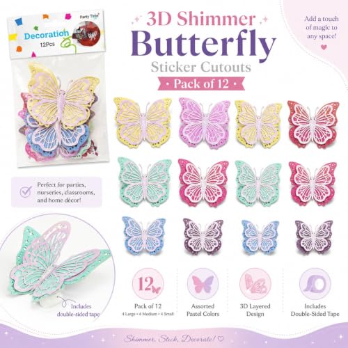 Image of Wanna Party Pastel Iridescent 3D Butterfly Wall Stickers - Pack of 12 | Glitter Butterfly Cutouts for Birthday Party Decoration, Baby Shower, Kids Room, Nursery, Craft & Photo Backdrop Decor