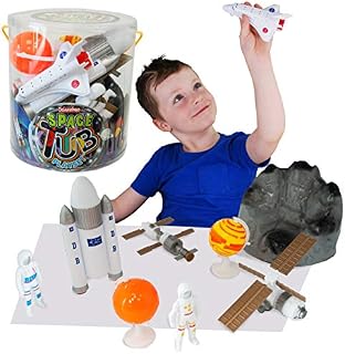 Deluxebase Tub Playset - Space from Space Toy Set for Kids. Imagination toys with Astronauts, Planets, Rocket, Space Shuttle, Satellite and Moon Rock