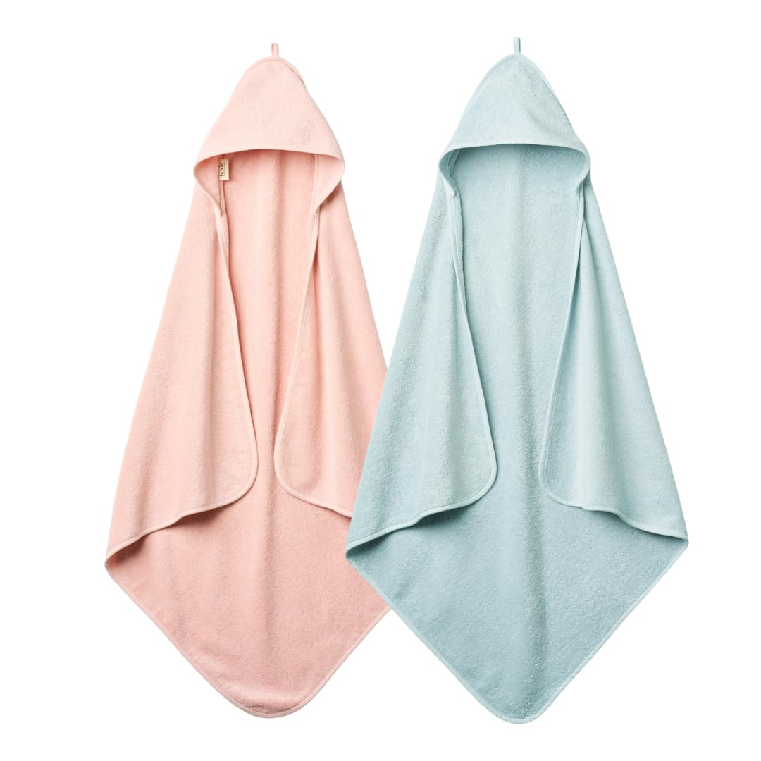Huxie Baby Hooded Towel – Organic Cotton Baby Bath Towels, 32" x 32" Super-Soft and Absorbent Baby Towels for Newborn 2-Pack (Blush/Baby Blue)