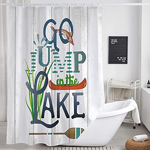 Dynh Rustic Lakeside Cabin Cottage Shower Curtain, Go Jump In The Lake Relax Words And Fish On Rustic Shabby Wooden Shower Curtain, Fabric Country Shower Curtain For Bathroom 12Pcs Hooks, 69X70In #TOP4