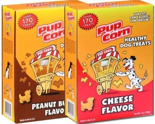 2 Box - Combo Pack of Popular Pupcorn Cheese and Pup Corn Peanut Butter Flavored Dog Snacks Treats. Healthy Low Fat Calorie and Made in the Usa.