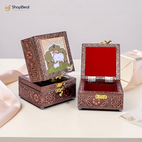 Image of Handcrafted Wooden Jewellery Box Copper Metal Finish (4 x 4 inch) - Pack of 3 | Oxidized Pichwai Cow & Calf Design | Decorative Organizer | Storage Box for Women Puja Gifting | Ivory Sand