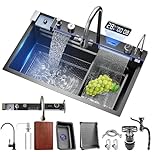 Kitchen Sink with Integrated Pull-Out Faucet 304 Stainless Steel Waterfall Kitchen Sink with Multiple Accessories
