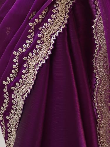 Image of Satrani Women's Shimmer Chiffon Sequins Embroidery Saree with Unstitched Blouse Piece