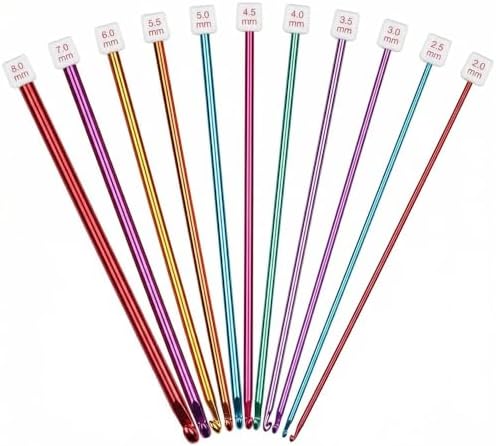 11 Pcs Crochet Hook Set, Straight Aluminum Needles in Sizes 2mm to 8mm, Long Handle Hooks for Crocheting, Knitting Supplies Kit for Beginners